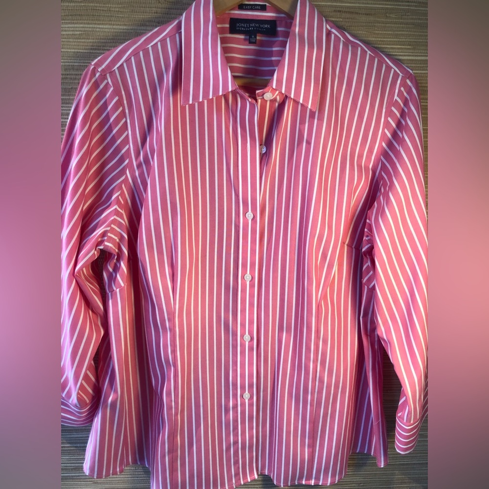 JONES NEW YORK sz 1X Barbie pink pinstripe shirt Looks new Easy Care 💯 cotton
